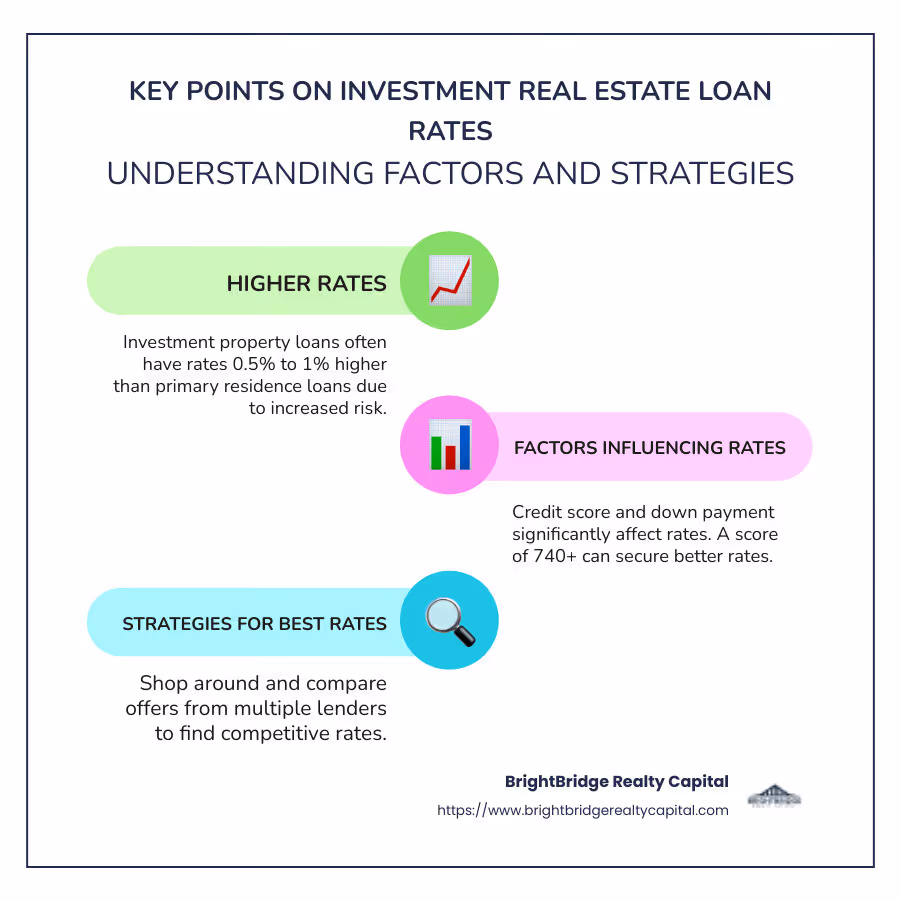 Infographic showing key points: higher rates for investment properties, factors affecting rates like credit score and down payment, strategies like comparing lender offers - investment real estate loan rates infographic infographic-line-3-steps-colors