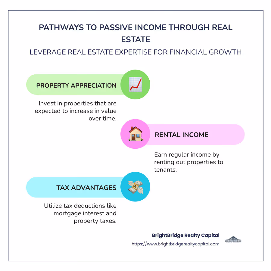 Infographic showcasing pathways to passive income through real estate with associated tax benefits - real estate investment expertise infographic infographic-line-3-steps-colors