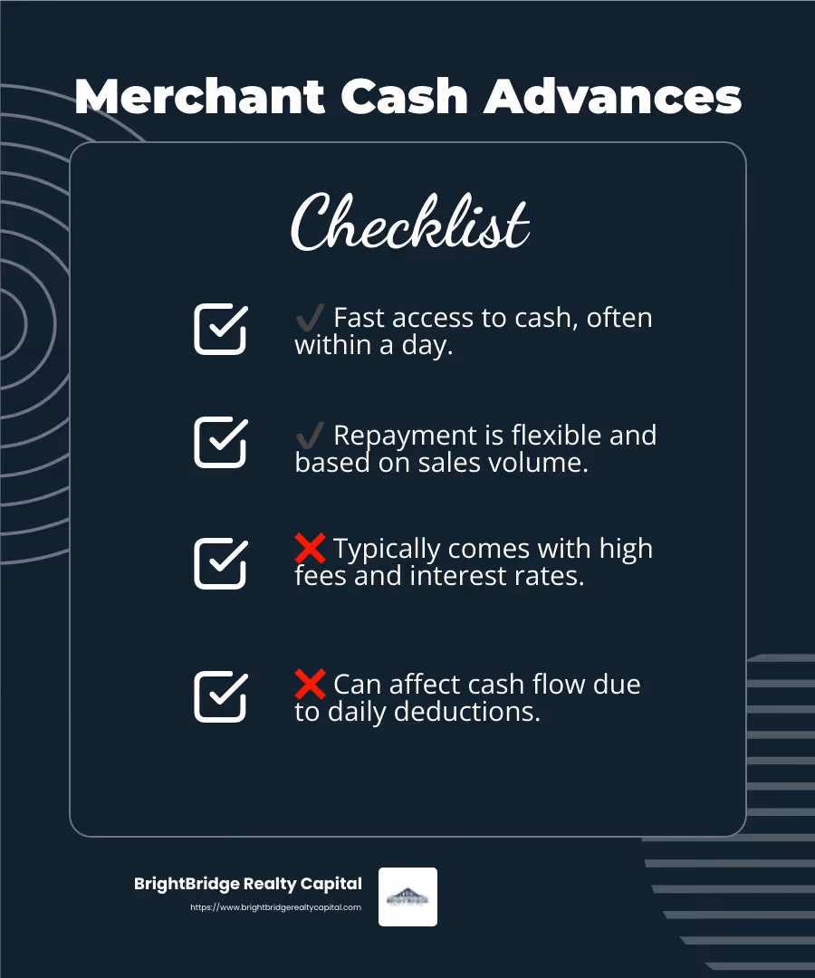 Merchant Cash Advance Pros and Cons - how to get a no doc loan for llc infographic checklist-dark-blue