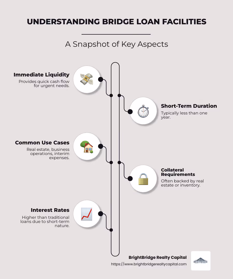 Infographic illustrating the role and benefits of bridge loans, showing immediate cash flow, short-term duration, common use cases such as real estate and business, collateral requirements, and interest rate comparison with traditional loans. - bridge facility infographic infographic-line-5-steps-neat_beige