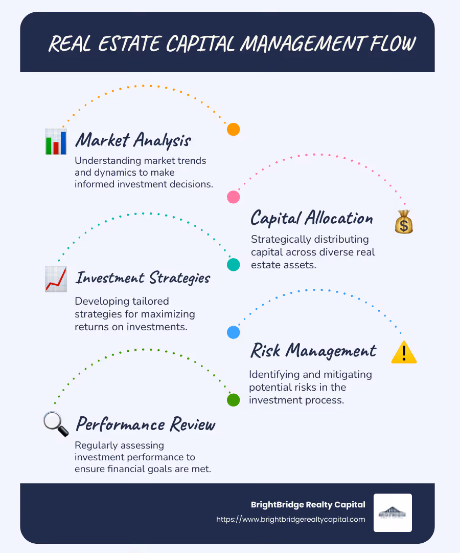 Infographic detailing real estate capital management flow, showcasing steps from capital allocation, investment strategies, to expected returns and risk management. - Real estate capital management infographic infographic-line-5-steps-blues-accent_colors
