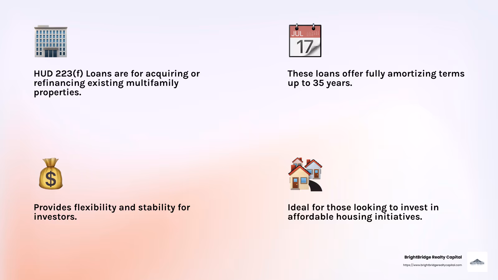 HUD 223(f) Loans offer favorable terms for existing properties - multifamily rental financing infographic 4_facts_emoji_light-gradient