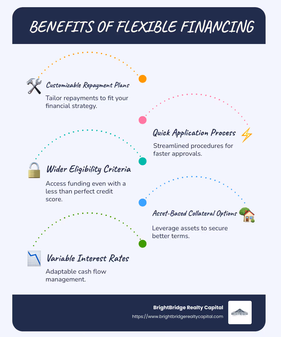 Infographic detailing benefits of flexible financing: customizable repayment plans, quick application process, wider eligibility criteria, asset-based collateral options, variable interest rates allowing adaptable cash flow management. - flexible financing terms infographic infographic-line-5-steps-blues-accent_colors
