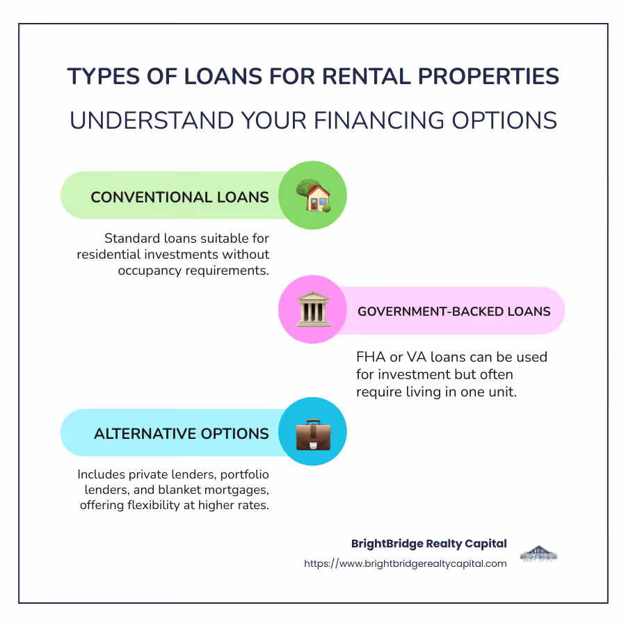 Infographic on types of loans for rental properties with key benefits and criteria for each option - loans for rental property business infographic infographic-line-3-steps-colors