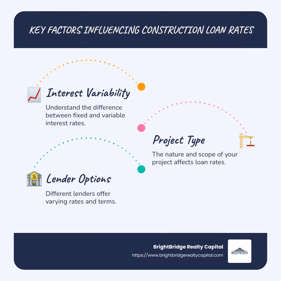 Infographic: Key factors influencing construction loan rates, including interest variability, project type, and lender options - Construction loan rates infographic infographic-line-3-steps-blues-accent_colors