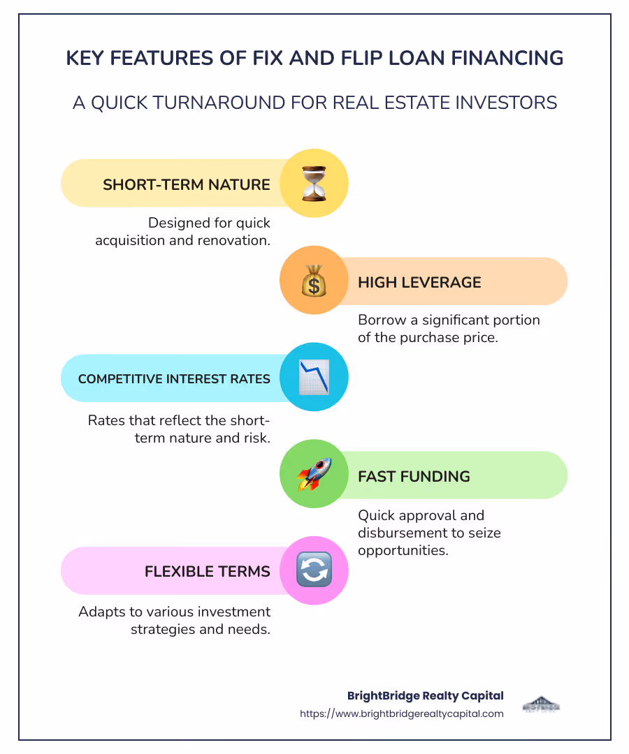 Infographic detailing key features of fix flip loan financing: short-term nature, investment potential, and process from purchase to sale - fix flip loan financing infographic infographic-line-5-steps-colors