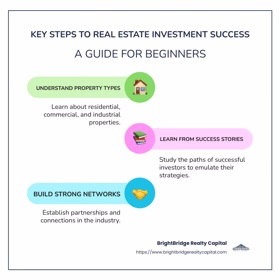 Infographic illustrating the key steps to real estate investment success: Understanding property types, learning from successful investors, creating a comprehensive plan, and establishing strong networks in the industry. - real estate investment success infographic infographic-line-3-steps-colors