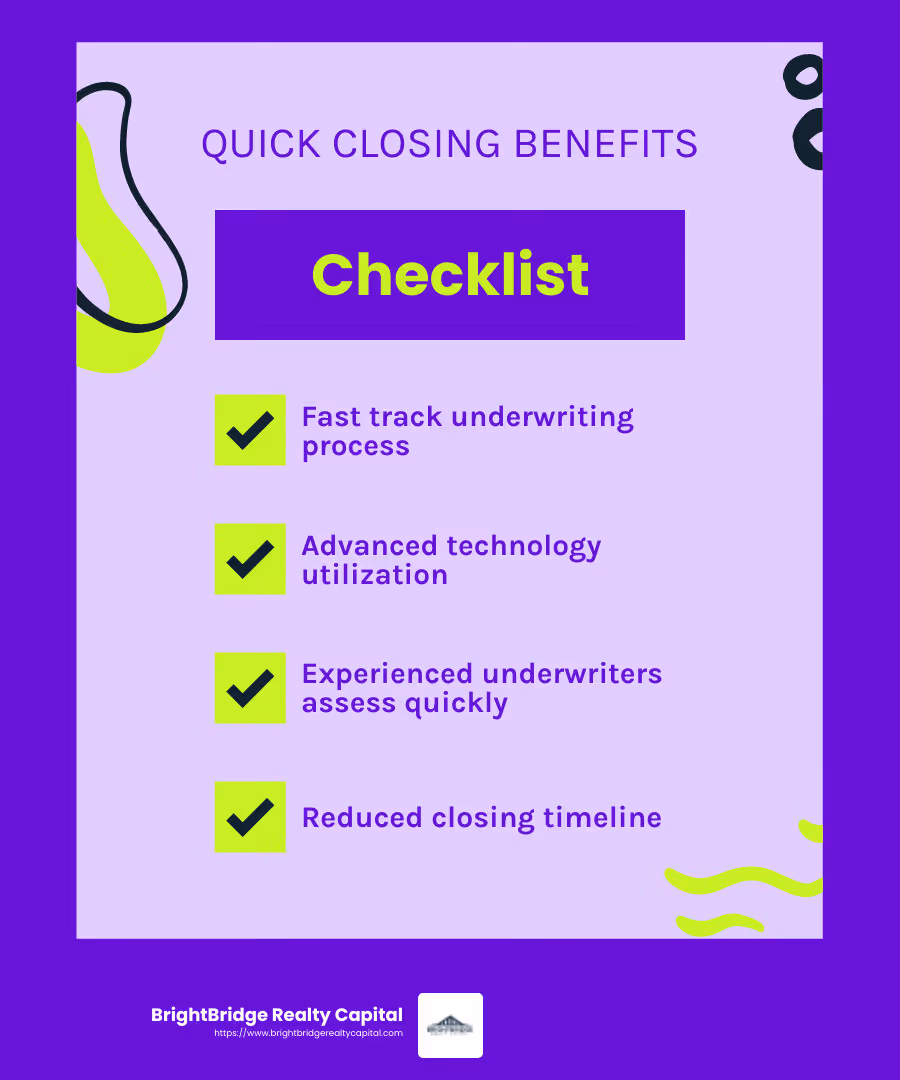 Expedited underwriting process - quick closing home loans infographic checklist-fun-neon