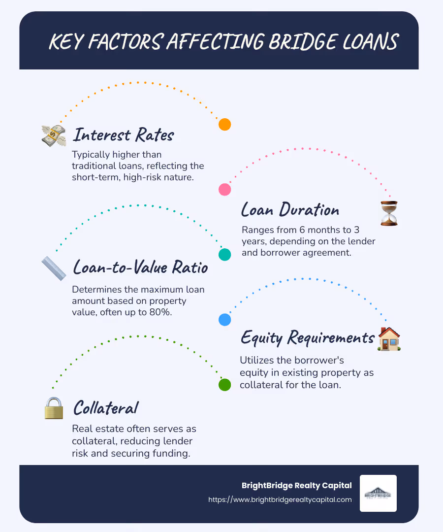 Infographic detailing factors affecting bridge loans, such as interest rates, duration, loan-to-value ratio, and equity requirements in a real estate context. - Bridge loan real estate infographic infographic-line-5-steps-blues-accent_colors