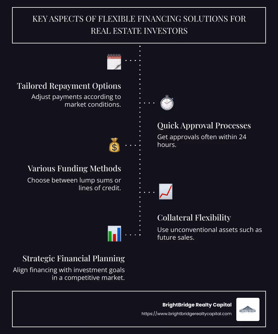 Infographic: Key aspects of flexible financing solutions for real estate investors, including custom repayment options, quick approval processes, various funding methods such as lump sums or lines of credit, and collateral flexibility involving unconventional assets - Flexible financing solutions infographic infographic-line-5-steps-dark