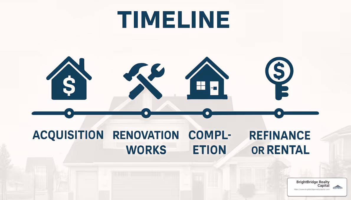 Timeline showing renovation project phases from acquisition through to refinance or rental - buy to let mortgage for property renovation