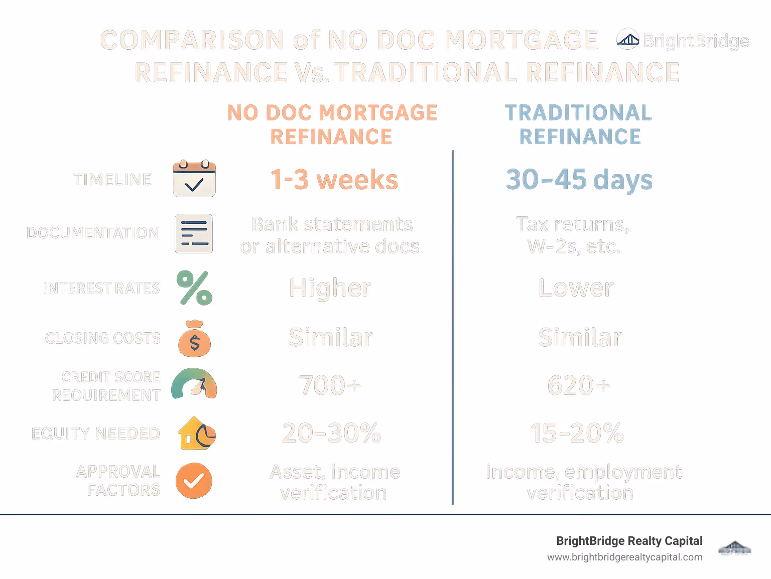 Comparison of No Doc Mortgage Refinance vs Traditional Refinance showing timeline, documentation requirements, interest rates, closing costs, credit score requirements, equity needed, and approval factors side by side - no doc mortgage refinance infographic 
