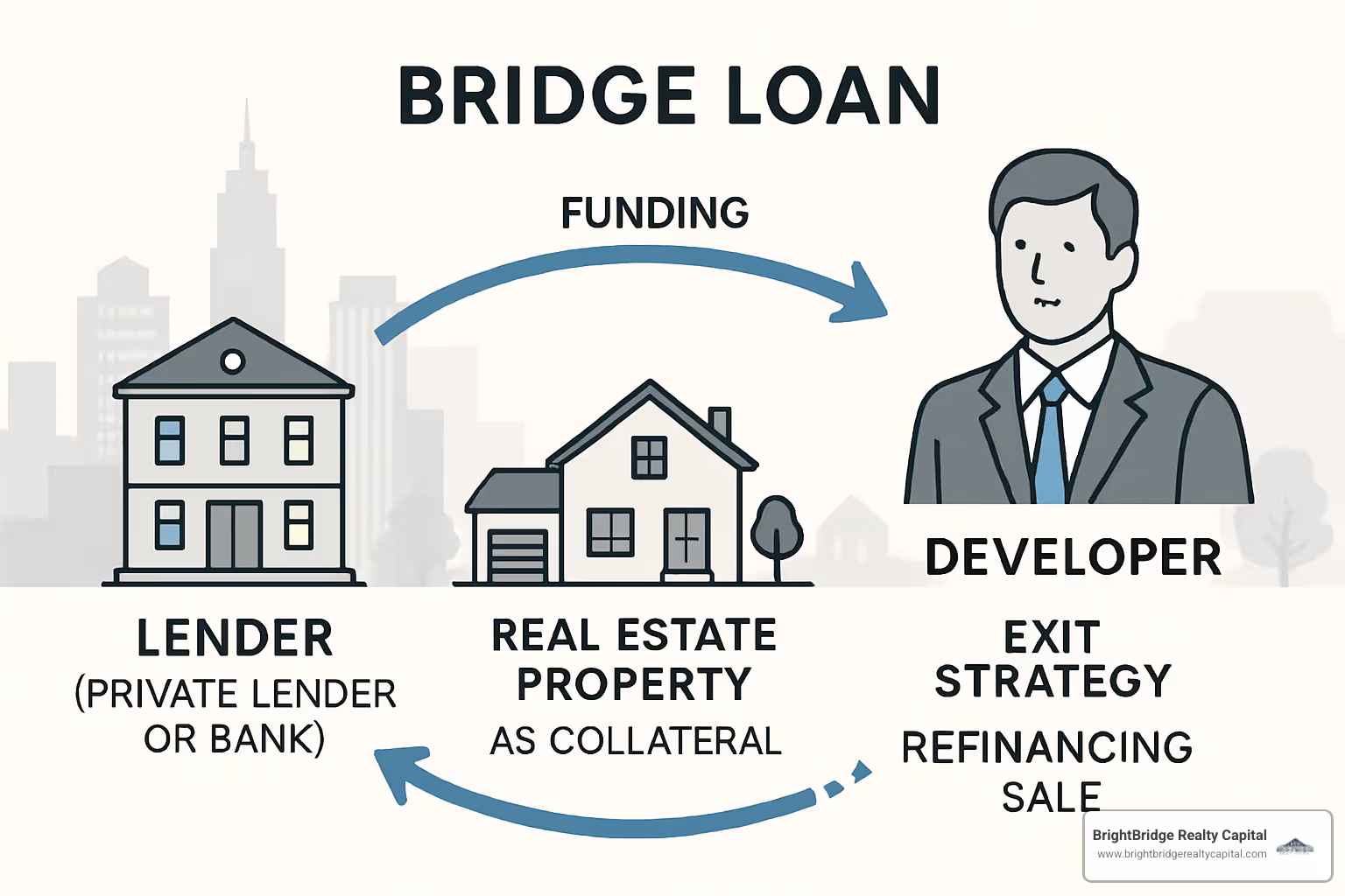 Bridge loan structure diagram showing funding flow from lender to developer with collateral and exit strategy - bridge loans for developers