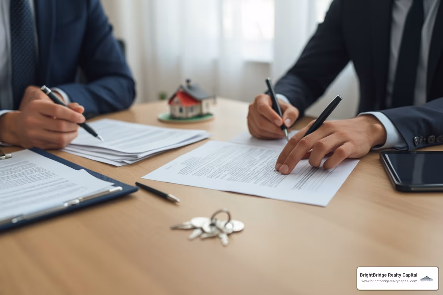 Real estate closing table with private lender and investor signing documents - direct private money lender