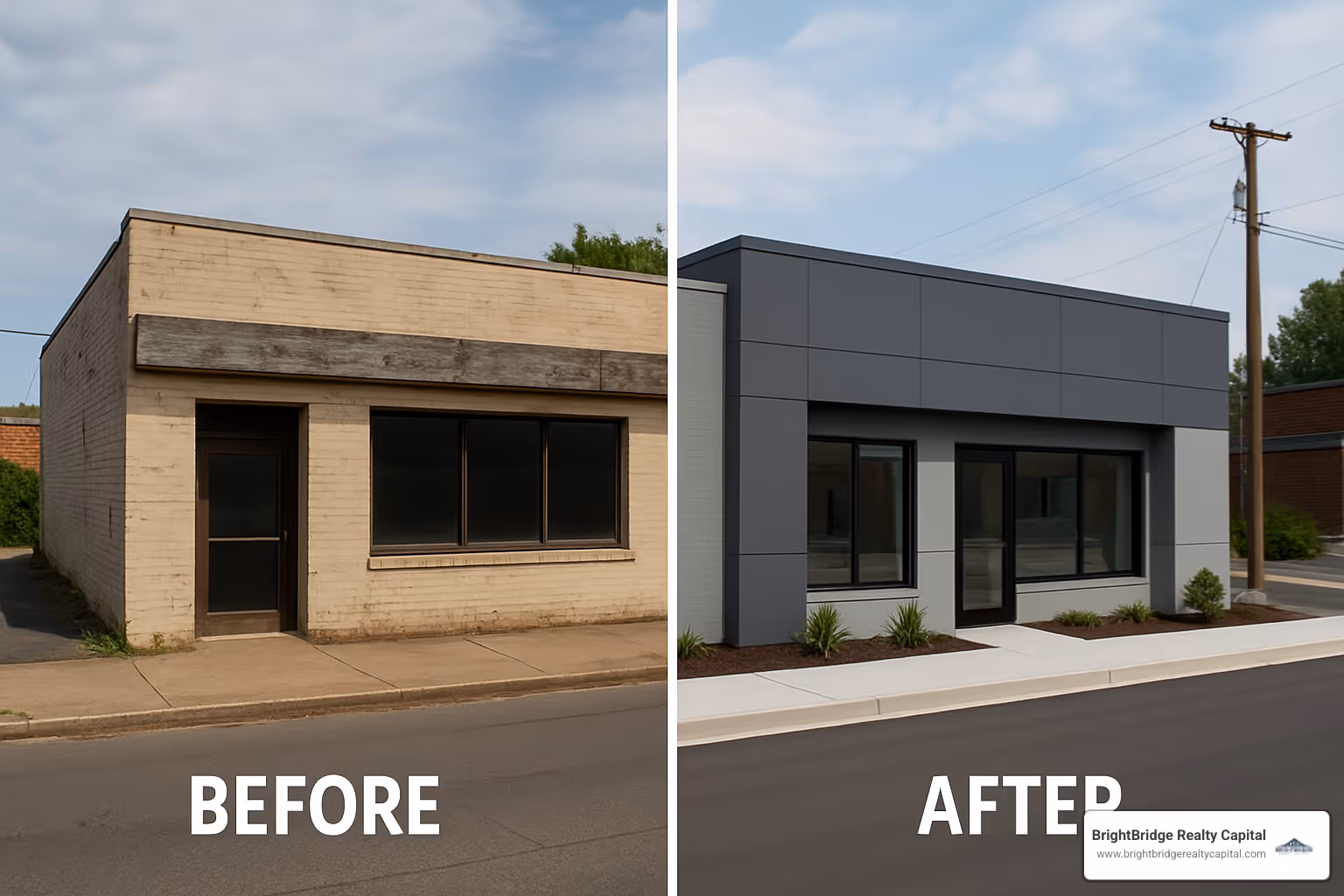 Commercial property renovation before and after - bridge loan for commercial property