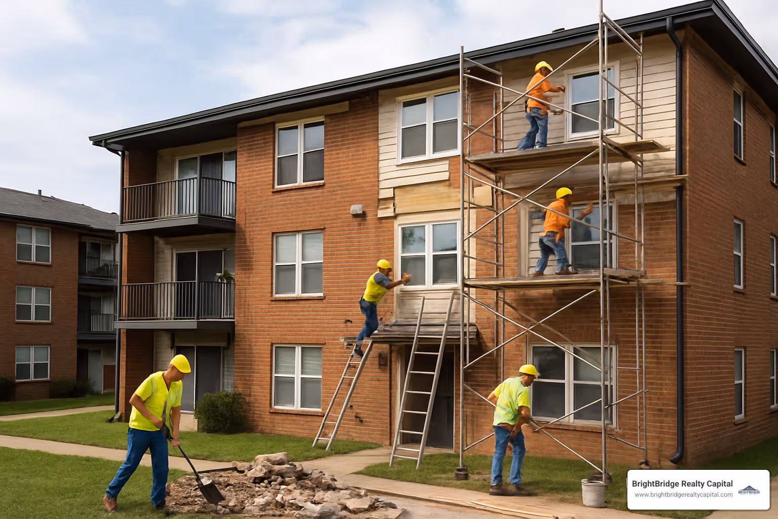 multifamily property renovation in progress with construction workers - commercial real estate direct lender
