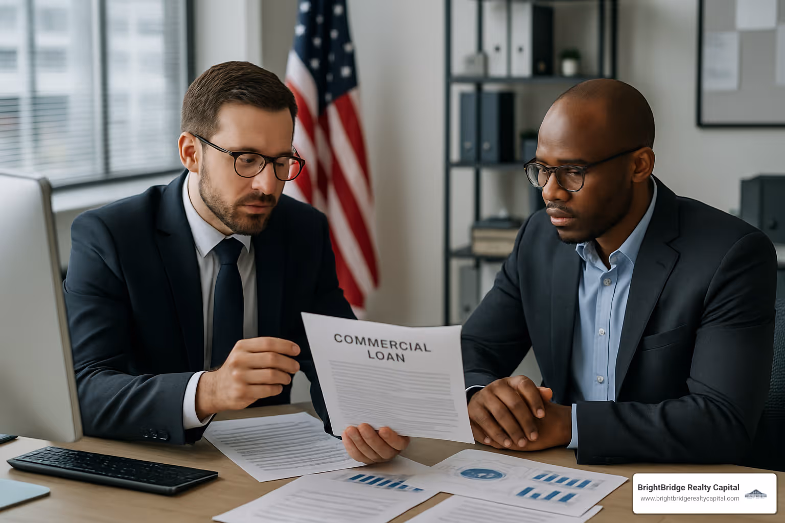 loan officer reviewing commercial loan application with client - direct commercial loans