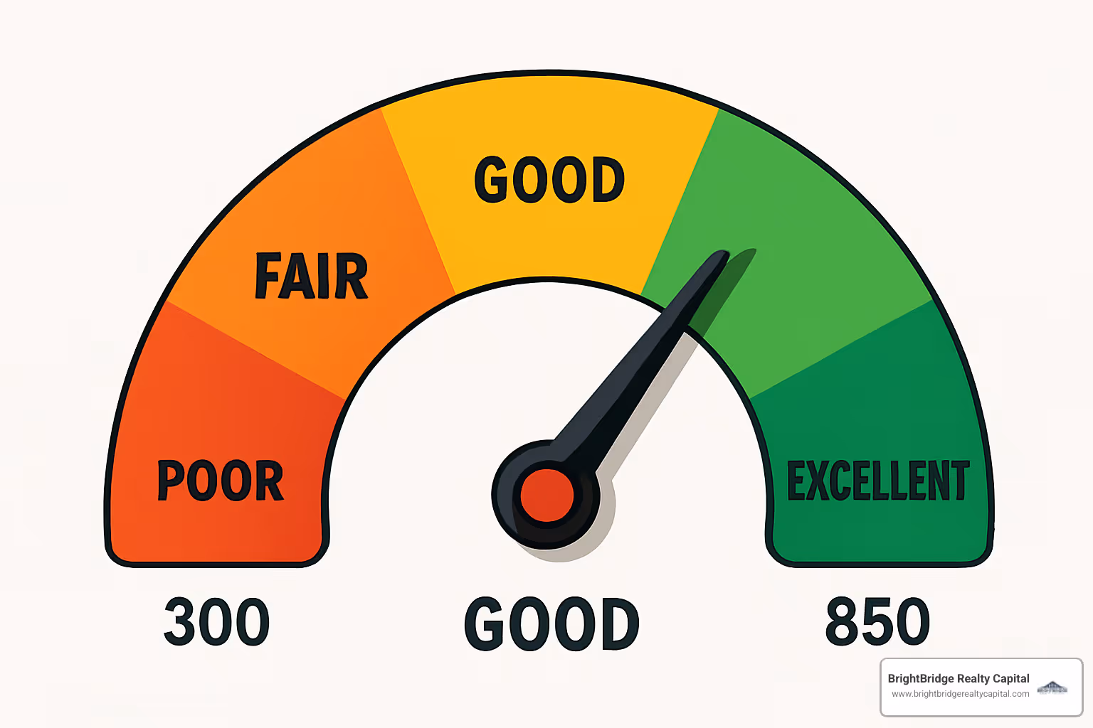 Credit score gauge showing ranges from poor to excellent - construction loan pre approval