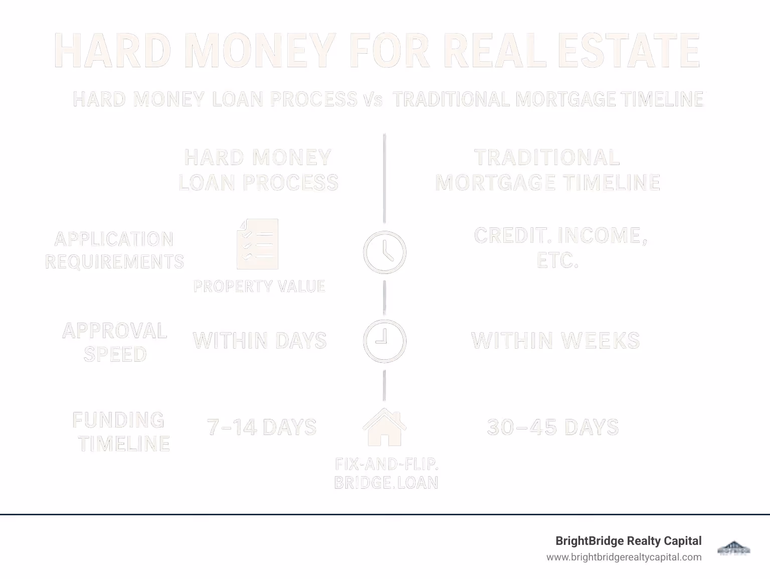 Comparison chart showing hard money loan process vs traditional mortgage timeline, highlighting application requirements, approval speed, funding timeline, and typical use cases for hard money for real estate - hard money for real estate infographic