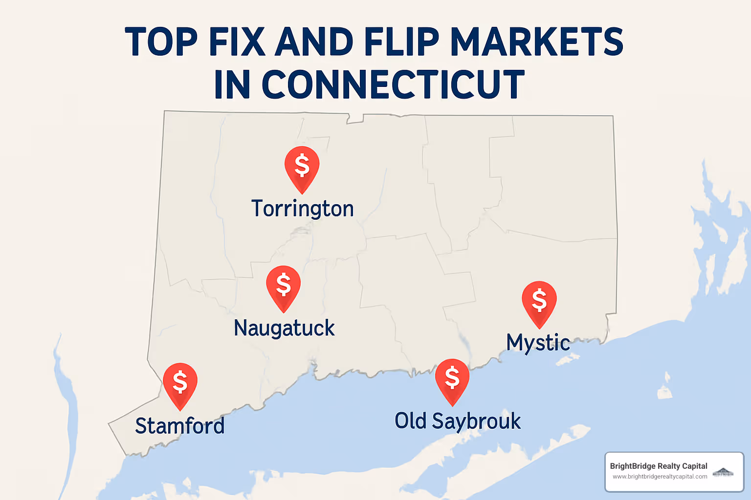 Connecticut map showing top fix and flip markets with ROI potential - connecticut fix and flip financing