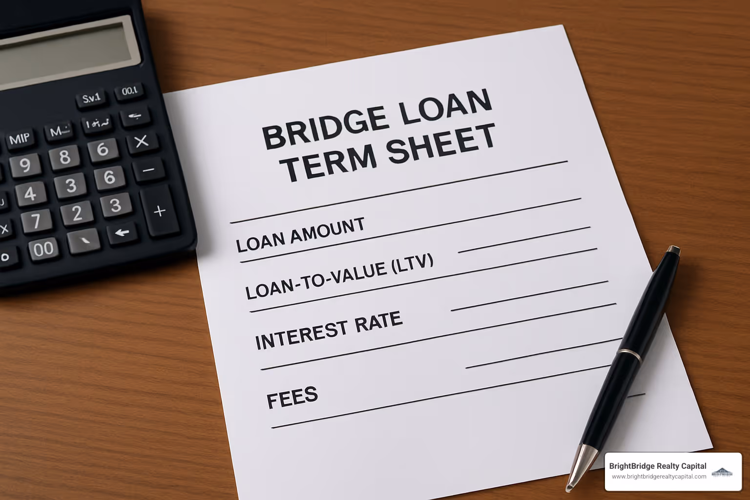 term sheet showing key bridge loan terms including LTV ratios, interest rates, and fee structure - bridge construction financing