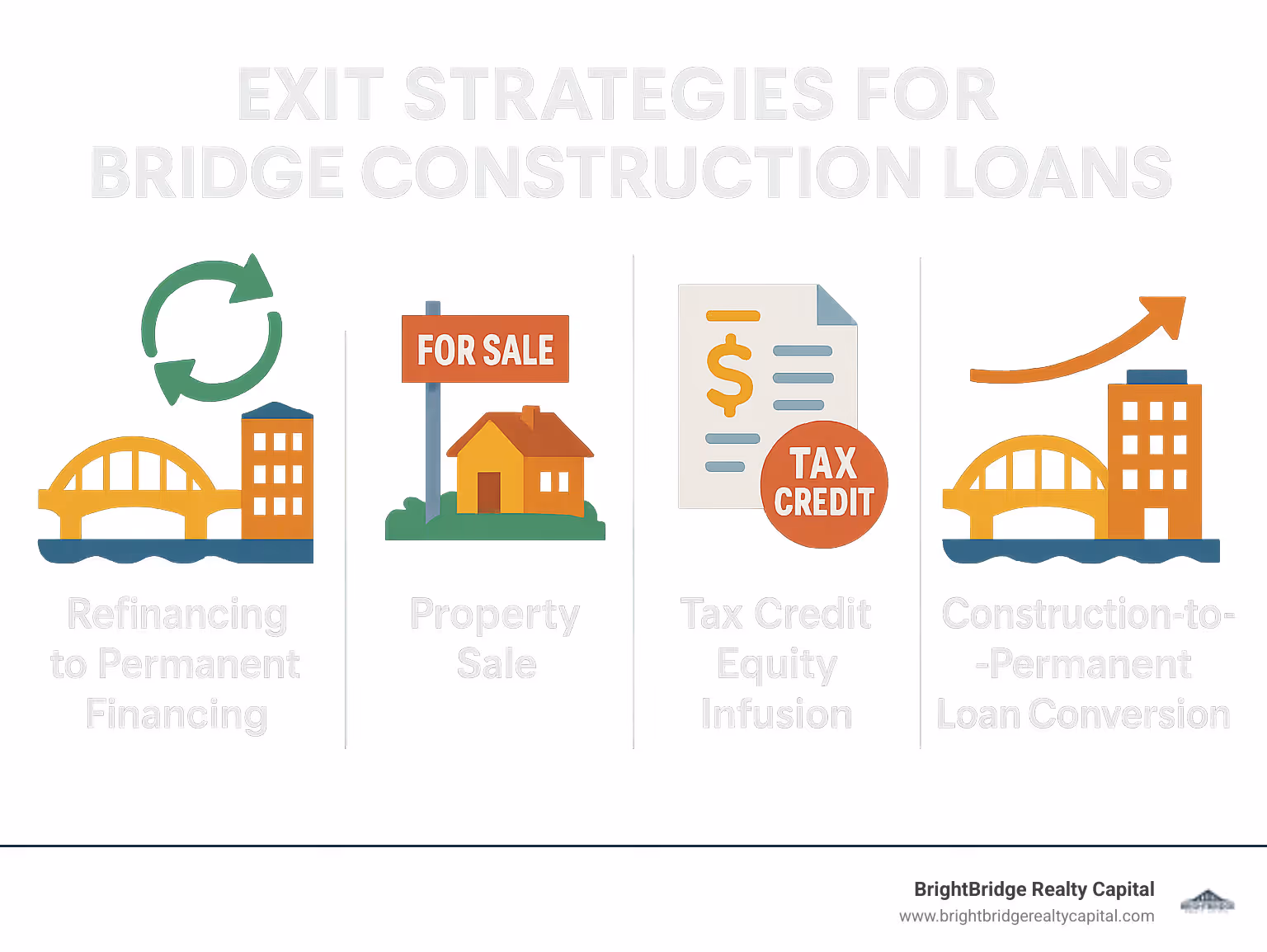 Infographic showing common exit strategies for bridge construction loans including refinancing to permanent financing, property sale, tax credit equity infusion, and construction-to-permanent loan conversion - bridge construction financing infographic 
