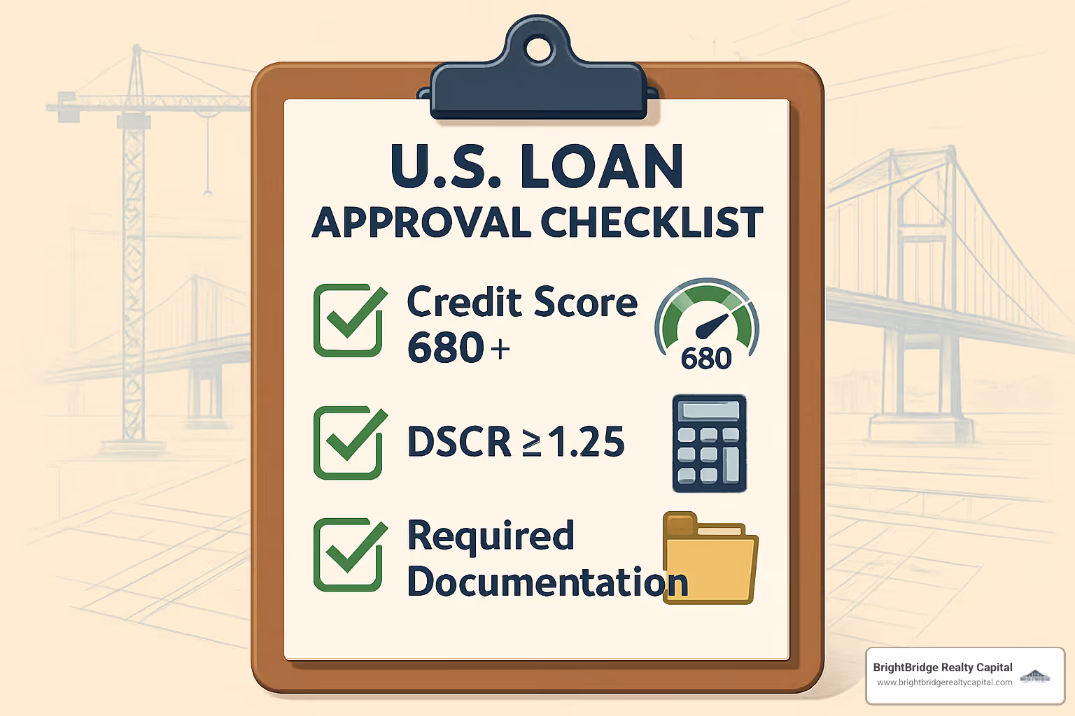 loan approval checklist showing credit score requirements, DSCR calculations, and documentation needed - bridge construction financing