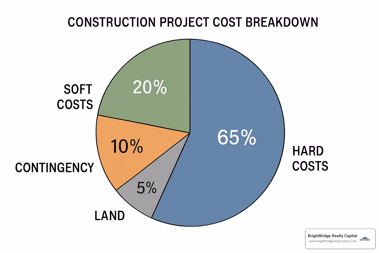 Cost breakdown chart showing typical distribution: Hard costs 65%, Soft costs 20%, Contingency 10%, Land 5% - construction to perm loans