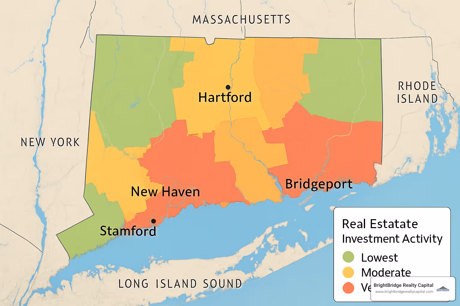 Connecticut housing market map showing major cities and investment activity levels - connecticut private lender