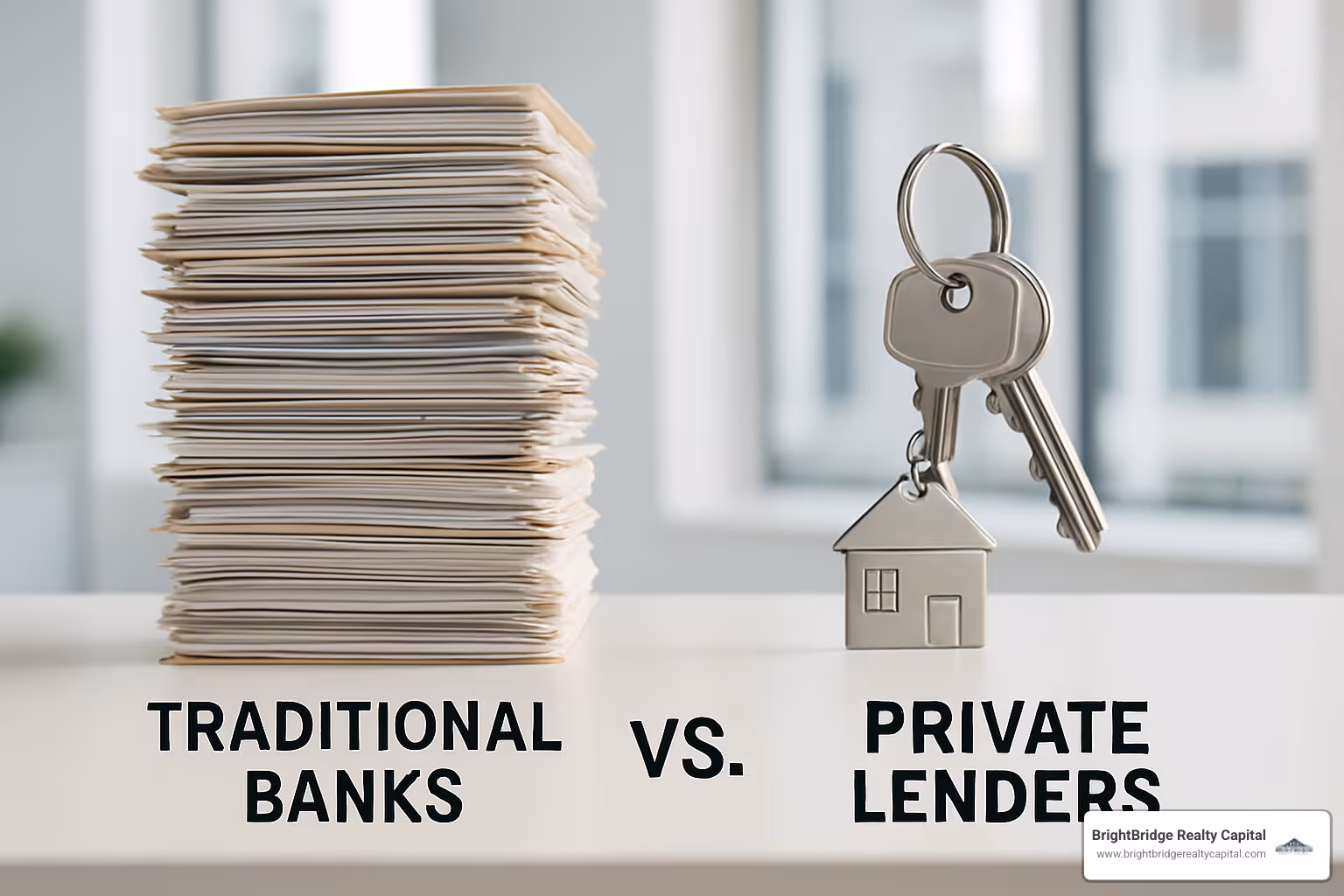 comparison chart showing paperwork stack vs keys symbolizing traditional banks vs private lenders - connecticut private lender