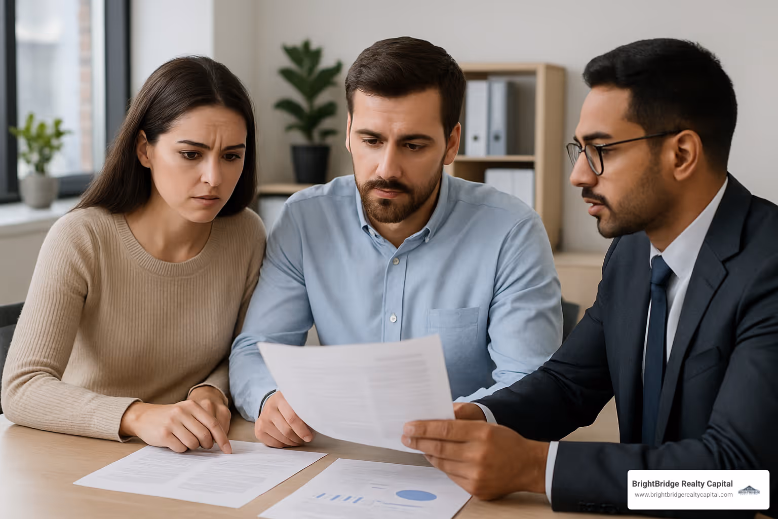couple reviewing financial documents with loan officer - construction loans in ct