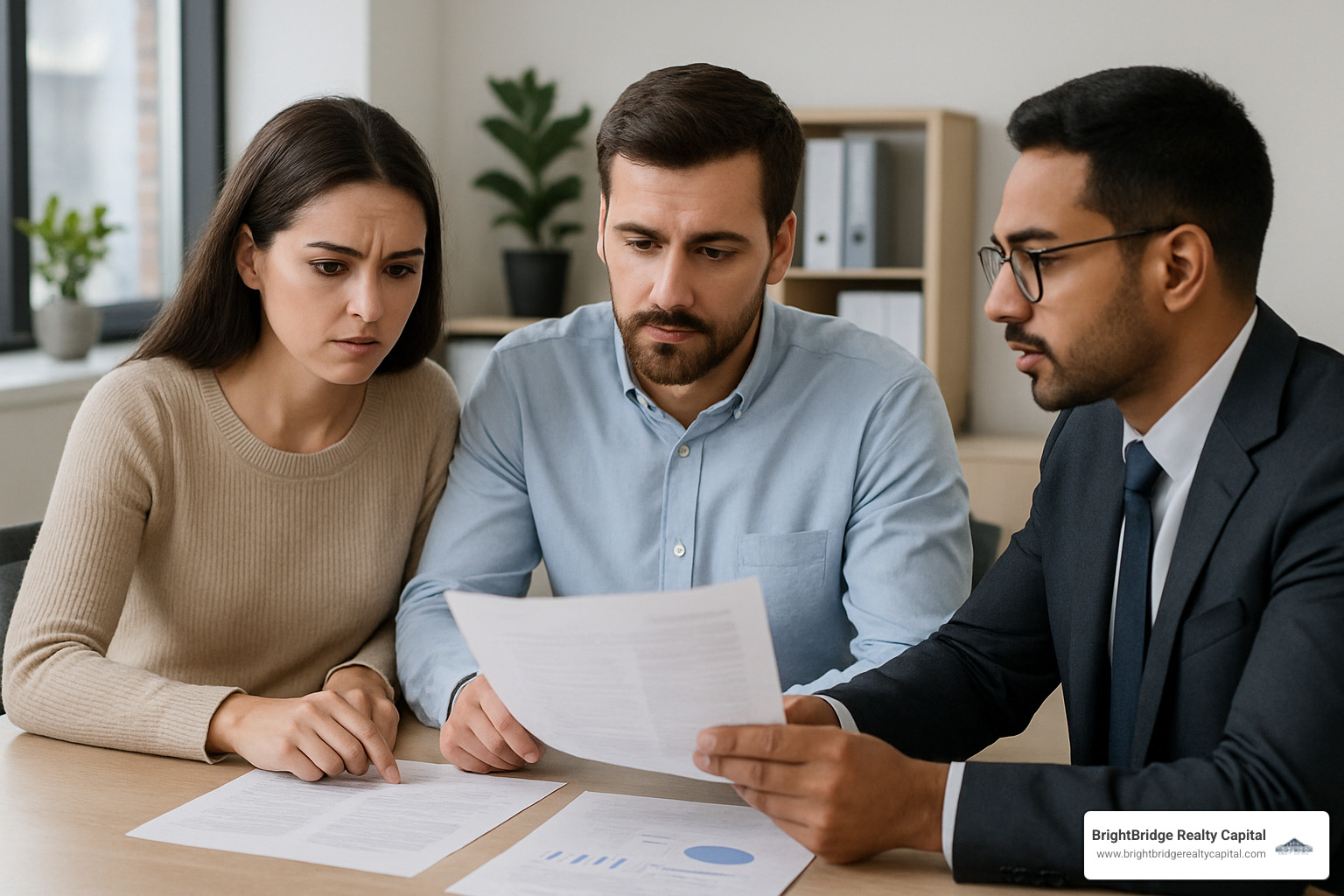 couple reviewing financial documents with loan officer - construction loans in ct