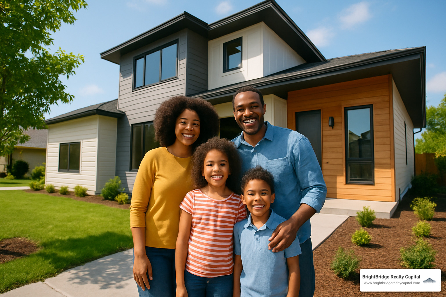 happy family in front of completed home - construction loans in ct