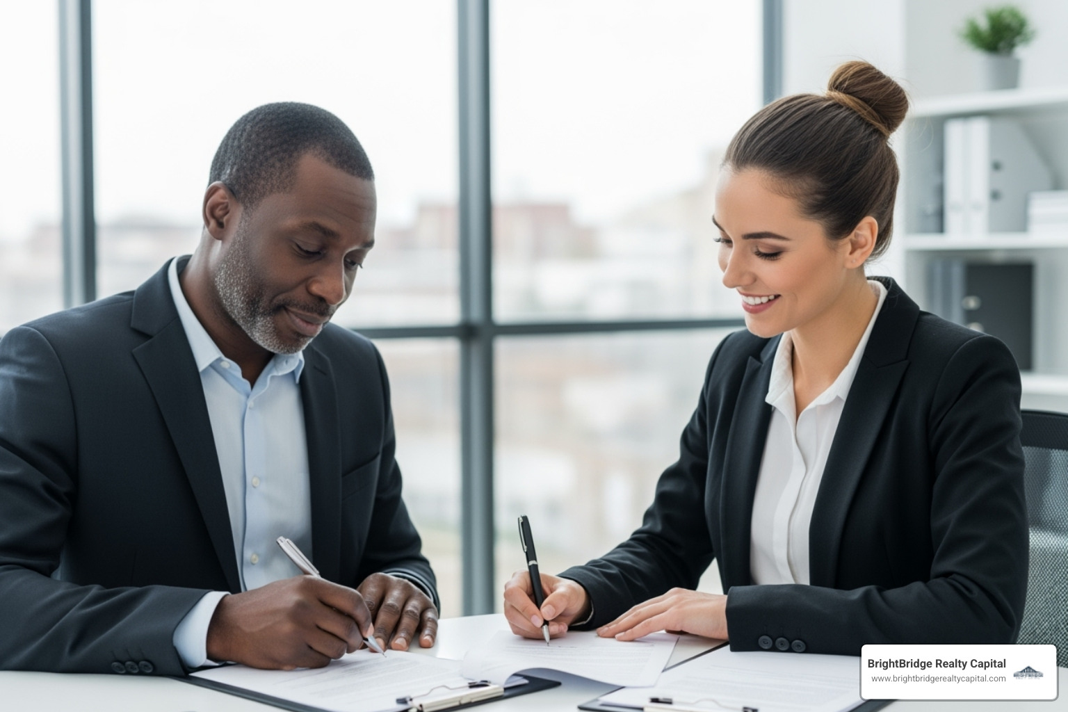 Image of a person signing loan documents with a loan officer, symbolizing the loan approval and closing process. - construction loan rates in ct