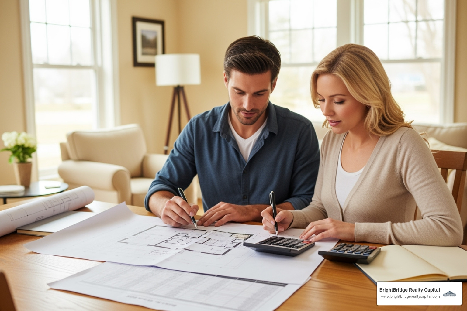 Image of a couple reviewing blueprints and a budget spreadsheet, indicating careful financial planning. - construction loan rates in ct