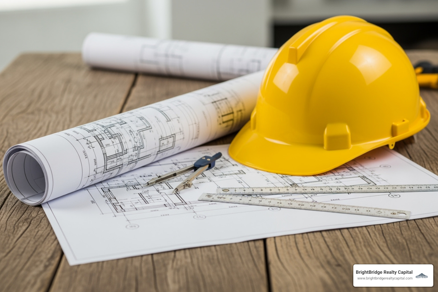 Blueprint and hard hat on a table, symbolizing construction and planning. - short term mortgage loans