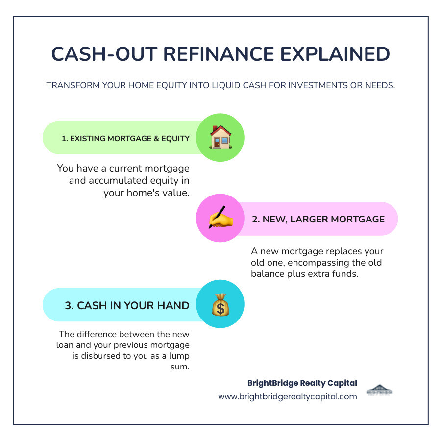 Infographic explaining the basic concept of a cash-out refinance: Old Mortgage + Equity -> New, Larger Mortgage + Cash in Hand. - real estate cash out refinance infographic infographic-line-3-steps-colors