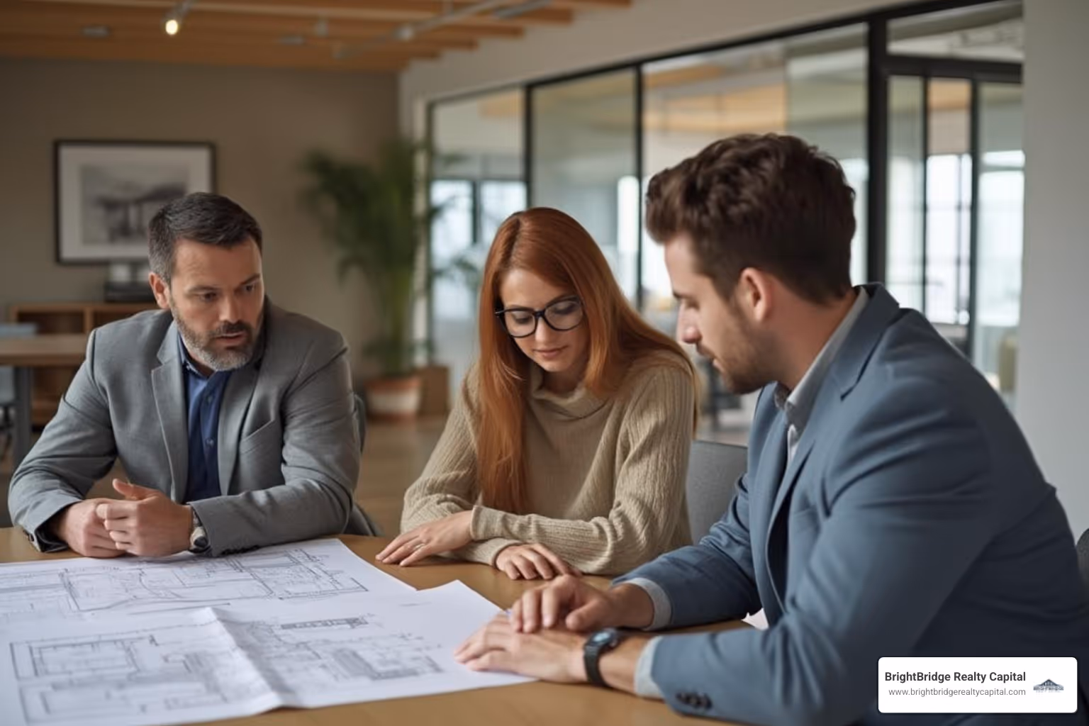 couple meeting with a loan officer to review building plans - construction loans near me