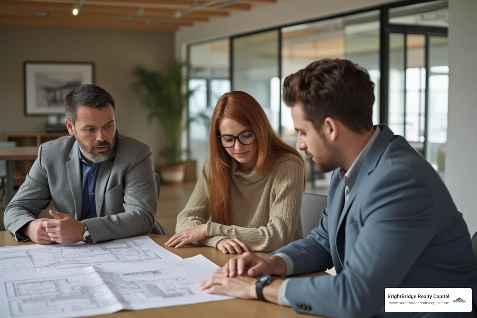 couple meeting with a loan officer to review building plans - construction loans near me