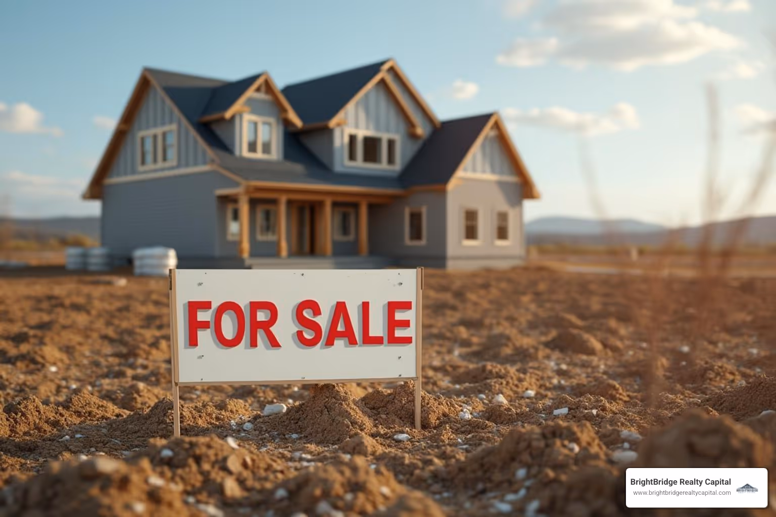 For Sale sign on an empty lot with a new house being framed in the background - construction loans near me