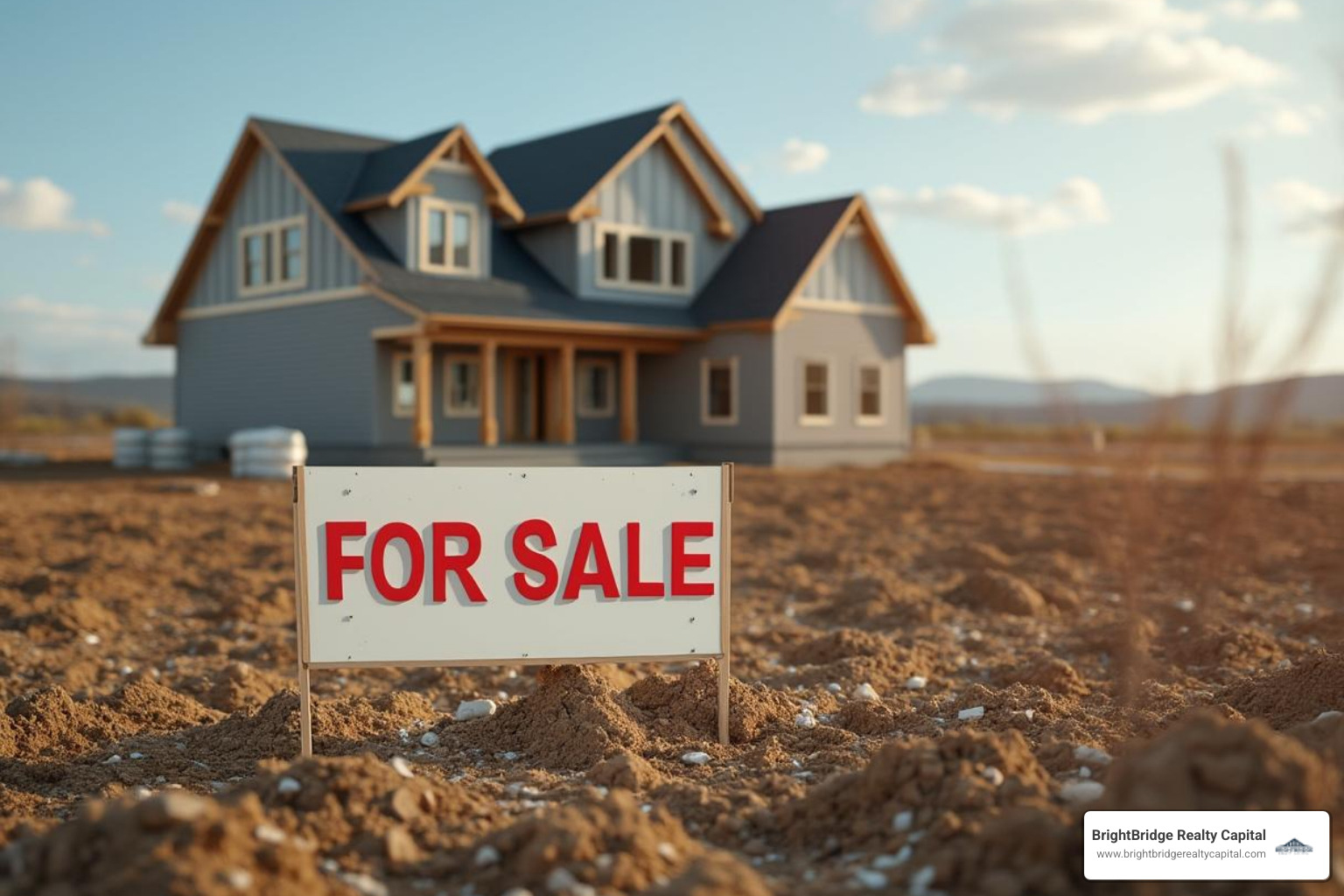 For Sale sign on an empty lot with a new house being framed in the background - construction loans near me