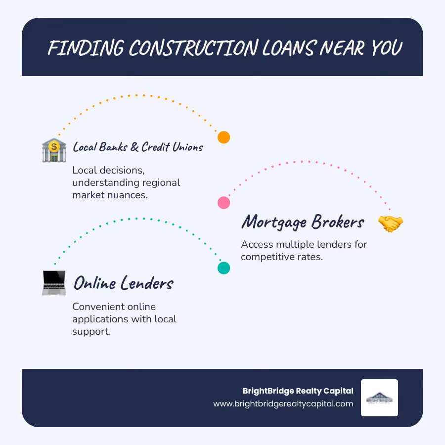 Infographic illustrating how to find construction loans near me, showing three main avenues: local banks/credit unions, mortgage brokers specializing in construction, and online lenders with local expertise, each with a brief benefit. - construction loans near me infographic infographic-line-3-steps-blues-accent_colors