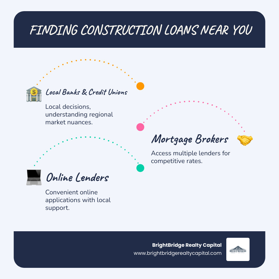 Infographic illustrating how to find construction loans near me, showing three main avenues: local banks/credit unions, mortgage brokers specializing in construction, and online lenders with local expertise, each with a brief benefit. - construction loans near me infographic infographic-line-3-steps-blues-accent_colors