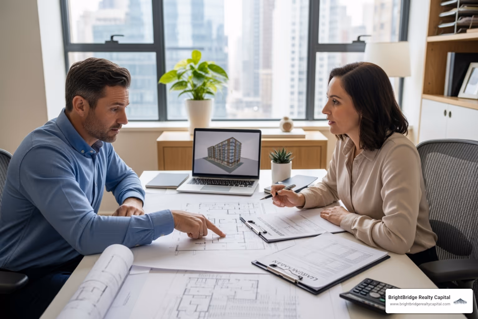 Image of a person reviewing blueprints and financial documents with a lender - how does a construction loan work