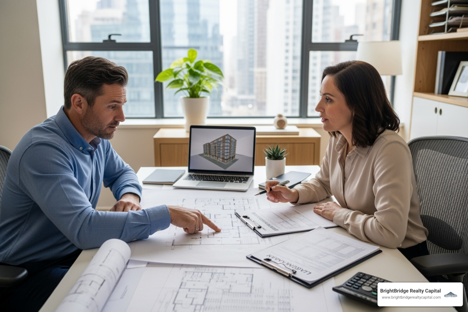 Image of a person reviewing blueprints and financial documents with a lender - how does a construction loan work