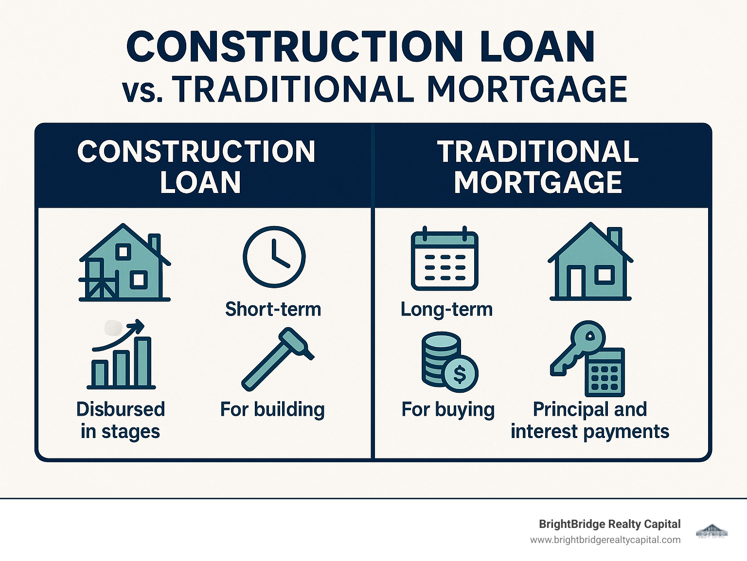 Infographic comparing construction loans and traditional mortgages, showing construction loans as short-term, disbursed in stages, for building, with interest-only payments, and traditional mortgages as long-term, lump sum, for buying, with principal and interest payments. - how to get a construction loan infographic 