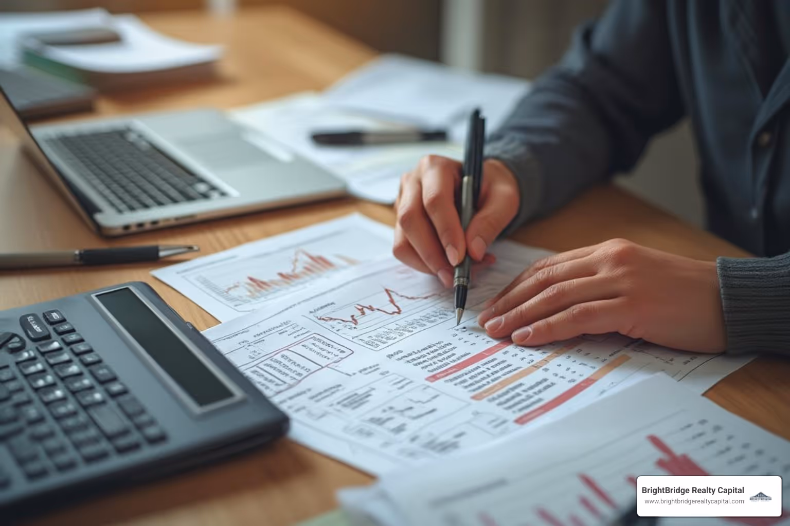 Person reviewing financial documents at a desk - construction to permanent loan
