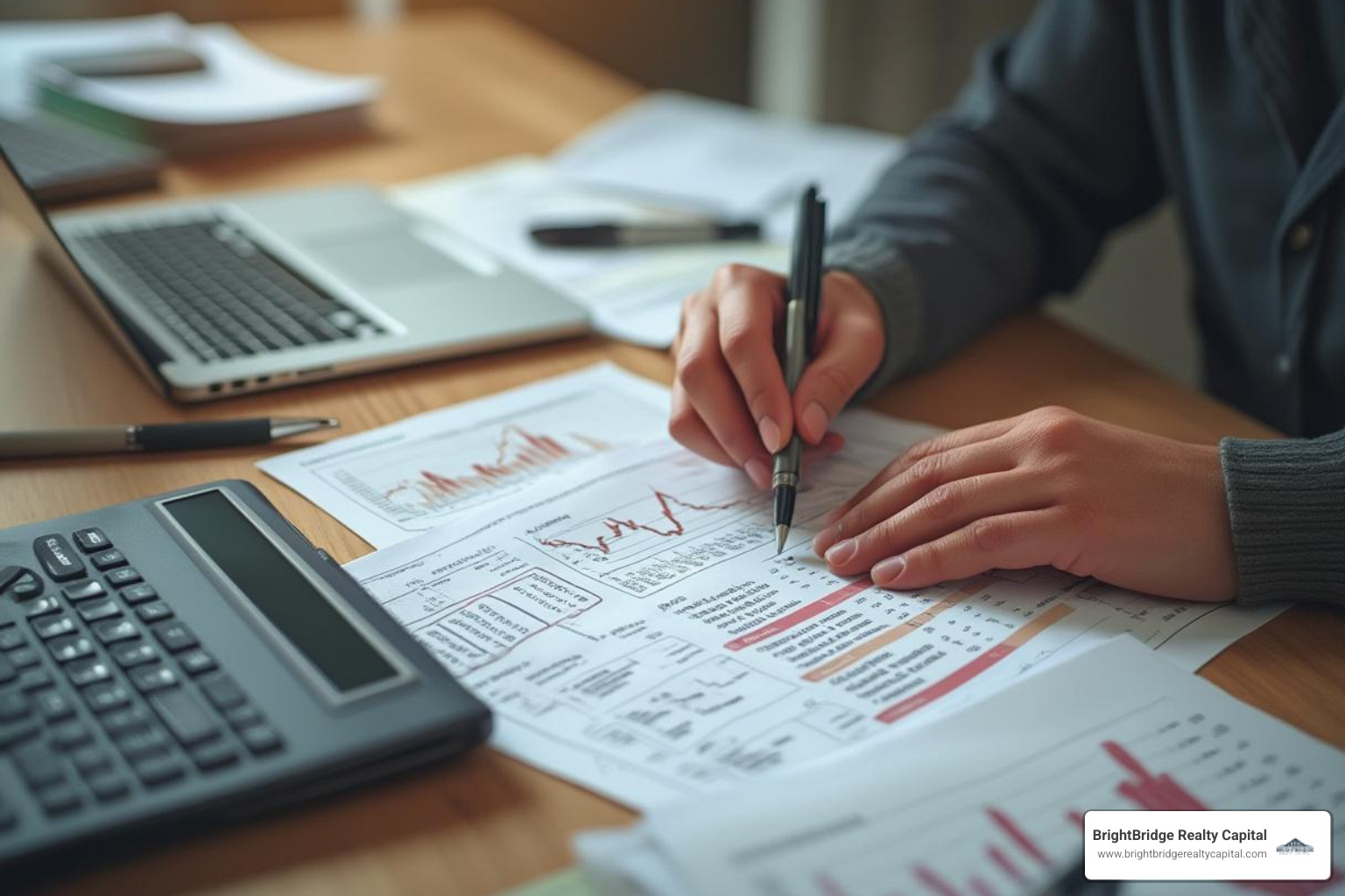 Person reviewing financial documents at a desk - construction to permanent loan