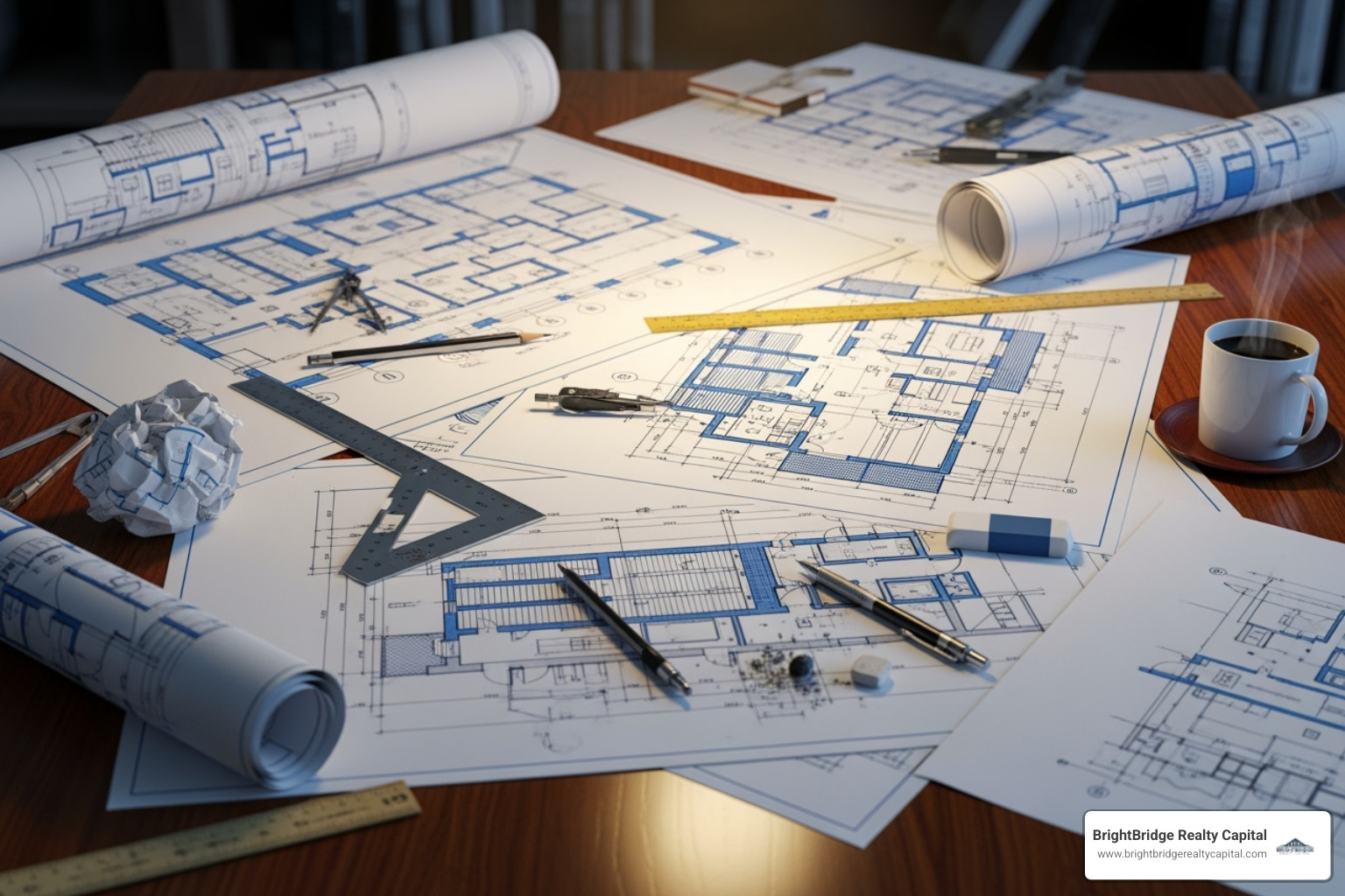 architectural blueprints laid out on a table - New construction loans