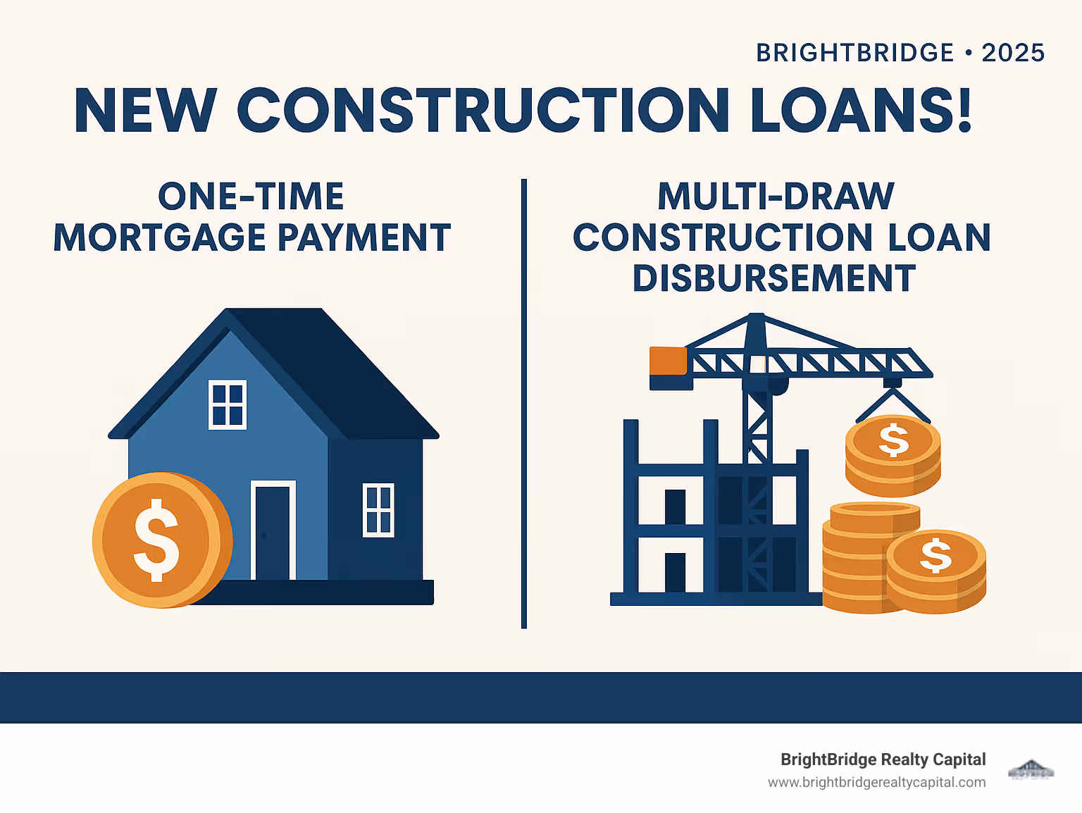 infographic comparing one-time mortgage payment vs. multi-draw construction loan disbursement - New construction loans infographic 